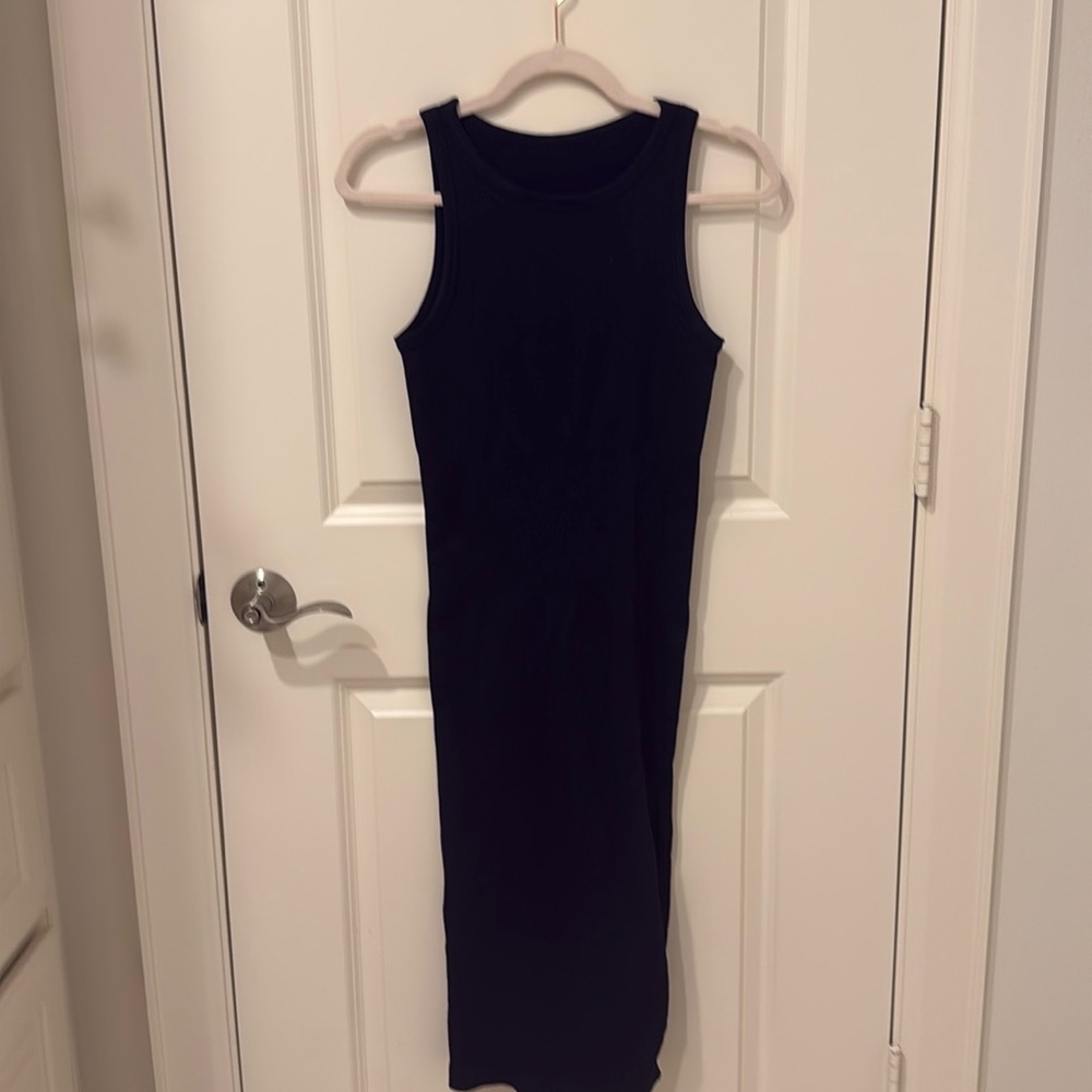 Black Ribbed sleeveless dress with side slit
